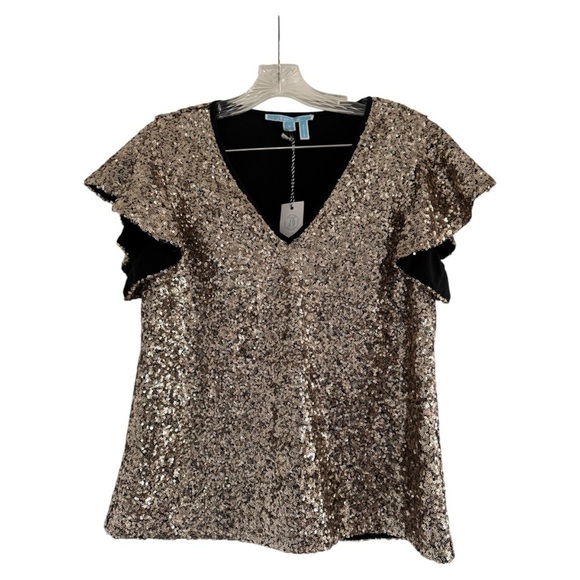 DRAPER JAMES (NWT) Women Gold Black Sequin Holiday Flutter Sleeve Blouse-Size 6 - Picture 1 of 12